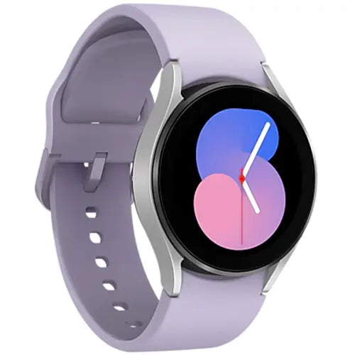 Samsung Galaxy Watch 5 with a purple strap and a black display showing colorful watch faces