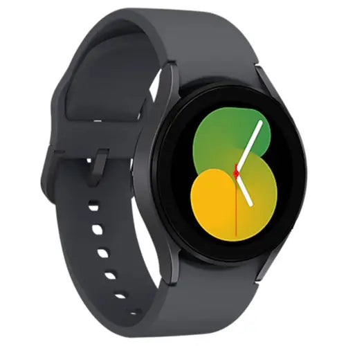 Samsung Galaxy Watch 5 with a black band and a black case displaying a colorful watch face on a white background