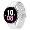 Samsung Galaxy Watch 5 with a black band and a black case displaying a colorful watch face on a white background
