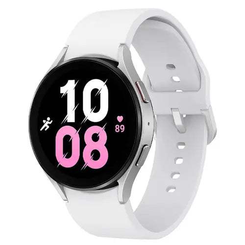 Samsung Galaxy Watch 5 with a black band and a black case displaying a colorful watch face on a white background