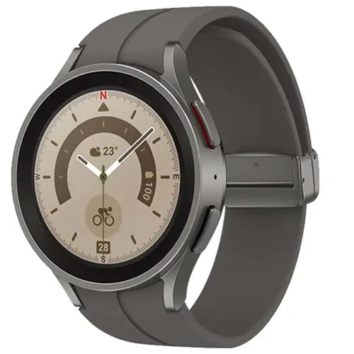 Samsung Galaxy Watch 5 Pro in gray color with a silicone band and a stainless steel case.