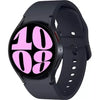 A black Samsung Galaxy Watch 6 bluethooth 44mm with a black band and a digital display showing the time in a bold pink font.