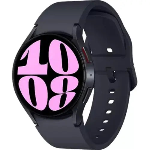 A black Samsung Galaxy Watch 6 bluethooth 44mm with a black band and a digital display showing the time in a bold pink font.
