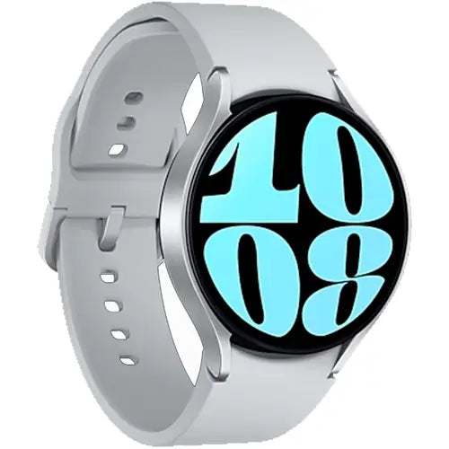 A white Samsung Galaxy Watch 6 bluethooth 44mm with a white
 band and a digital display showing the time in a bold blue font.