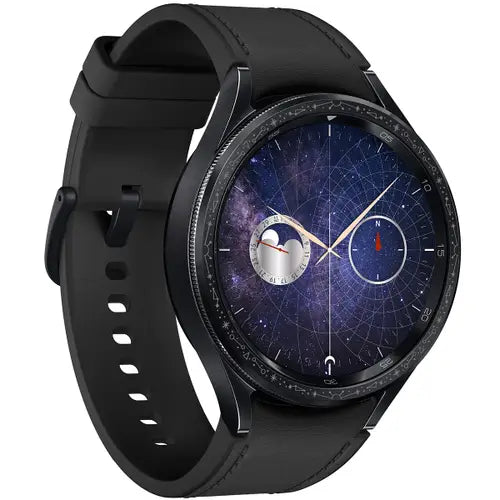 Samsung Galaxy Watch 6 Classic 47mm with a black band and a display showing a digital watch face.