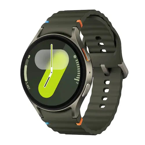 Samsung Galaxy Watch 7 44mm with a green silicone band and a black case, displaying a green watch face with a yellow accent.