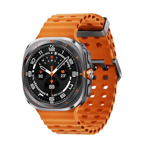 A Samsung Galaxy Watch Ultra with a black dial and orange strap.