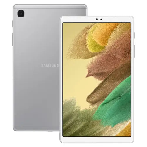 Samsung Galaxy Tab A7 Lite 8.7 inches tablet in silver color, front and back view with a colorful screen display.