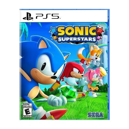 Cover of Sonic Superstars PS5 game featuring animated characters Sonic, Knuckles, and Tails from the Sega franchise.