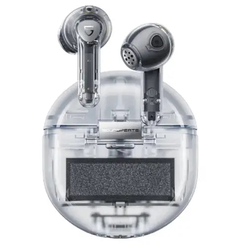 Clear earbud case with Soundpeats Air 4 Bluetooth Headphones Transparent Version on a white background