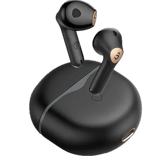 A pair of black Soundpeats Air 4 Wireless Earbuds with a charging case.