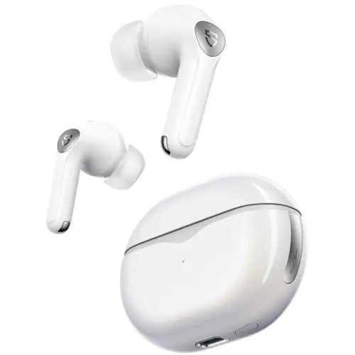 White Soundpeats Air4 Pro ANC Hybrid Earbuds with charging case on a white background