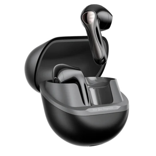 Black Soundpeats Air5 Lite Semi-In-Ear Wireless AirPods with charging case on a white background