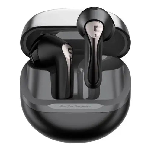 Black Soundpeats Air5 True Wireless Earphone With Bluetooth 5.4 with charging case on a white background