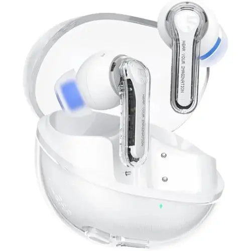 Soundpeats Clear Crystal Clear Sound With Dual Dynamic Tech with charging case on a white background
