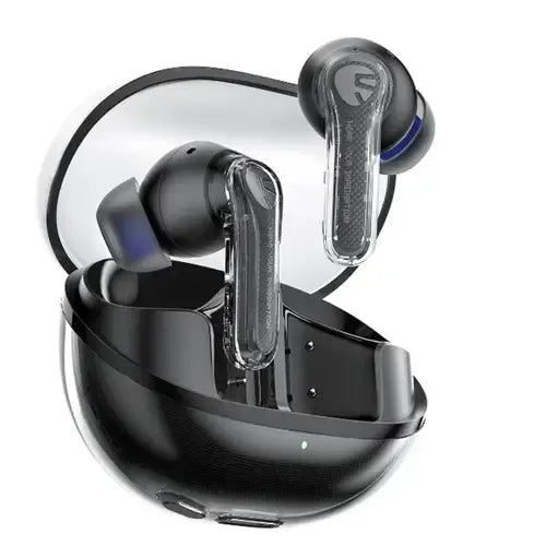 Black Soundpeats Clear Crystal Clear Sound With Dual Dynamic Tech with charging case on a white background