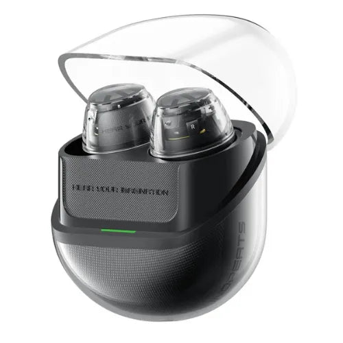 Soundpeats Clear Dot True Wireless Earbuds in a transparent charging case on a white background