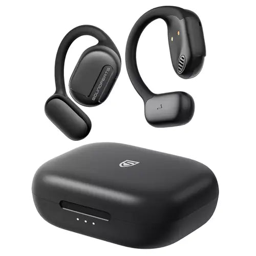True Soundpeats GoFree Open Ear Extreme Comfort Sport Earbuds with charging case on a white background