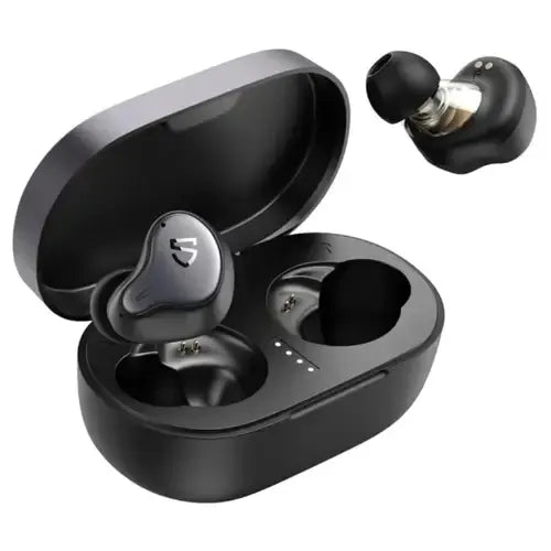 Black Soundpeats H1 Wireless Earbuds with charging case on a white background
