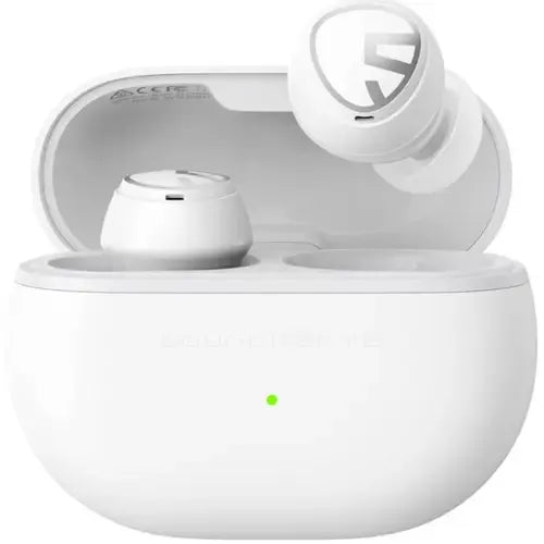 White Soundpeats Mini HS Bluetooth Earbuds with charging case on a white background