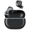 Black Soundpeats Mini HS Bluetooth Earbuds with charging case on a white background