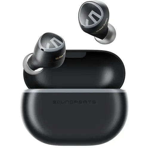 Black Soundpeats Mini HS Bluetooth Earbuds with charging case on a white background