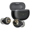 A pair of black and gold Soundpeats Mini Pro HS Wireless Earbuds with a charging case.