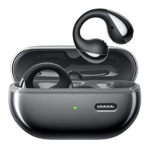 Black Soundpeats Open-ear Clip-on Earbuds PearlClip Pro with charging case on a white background