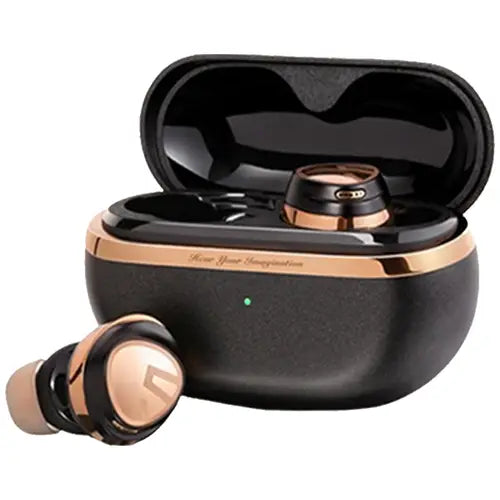 Black and rose gold Soundpeats Opera 03 HI-RES Earbuds with charging case on a white background