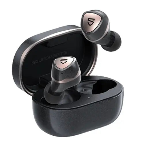True Soundpeats Sonic Pro Wireless Earbuds with charging case on a white background