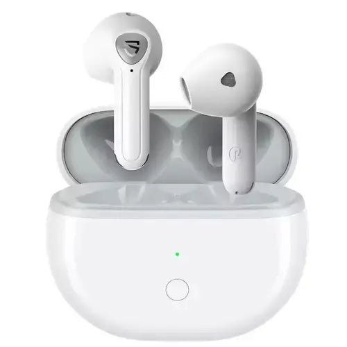White Soundpeats True Wireless Earbuds Air 3 Deluxe with charging case on a white background