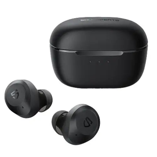 Black Soundpeats Wireless Earbuds T2 with charging case on a white background