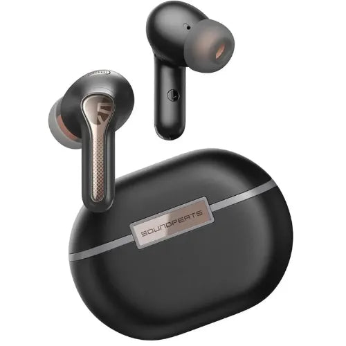 Black wireless earbuds with charging case on a white background
