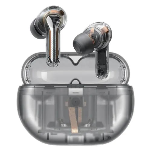 Wireless earbuds with clear case on a white background