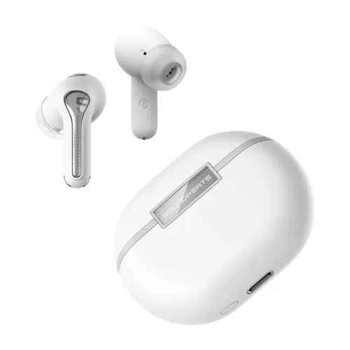 White wireless earbuds with charging case on a white background