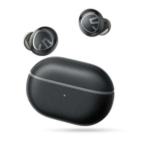Black wireless earbuds with charging case on a white background