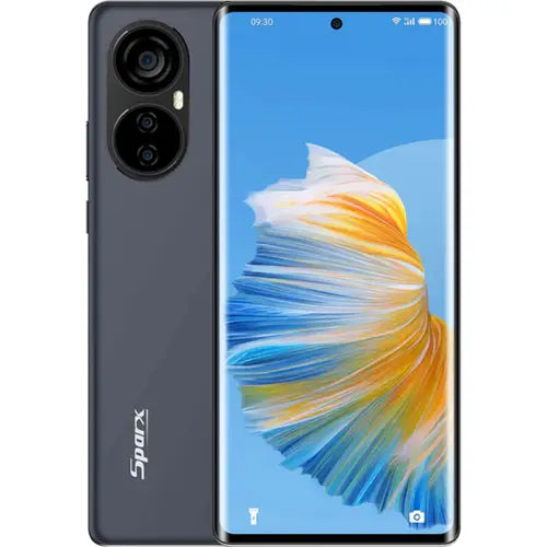 A Sparx Edge 20 Pro smartphone in black color with a colorful graphic on the screen and a triple-camera setup on the back.