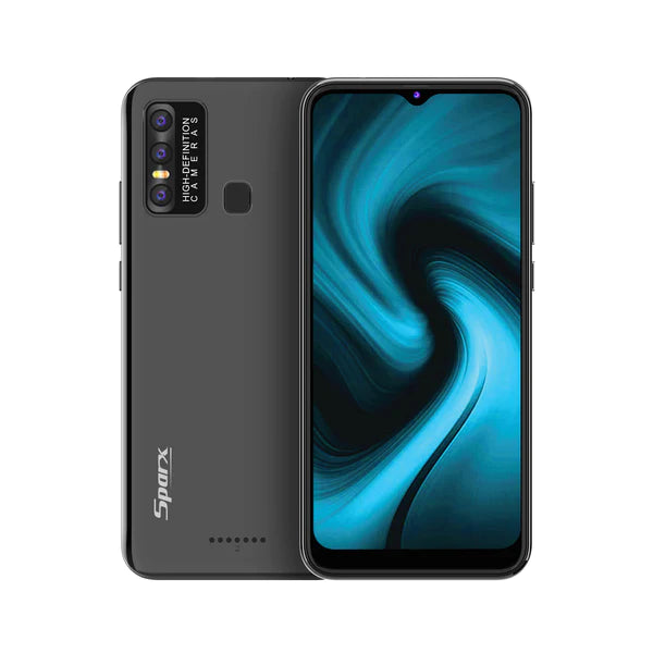 Sparx Neo 5 in black color smartphone with a white back panel on a white background.