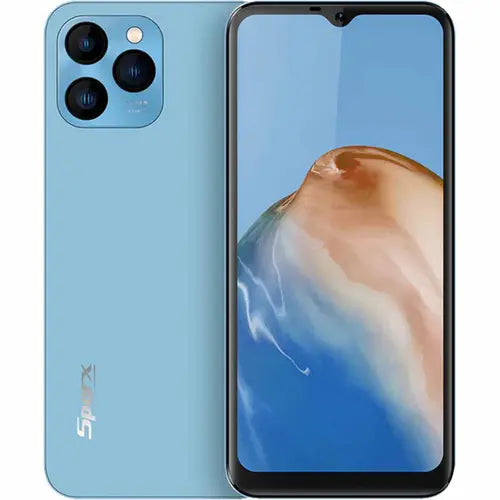 A blue Sparx Neo 5 Pro smartphone with a dual camera on the back and a display screen.