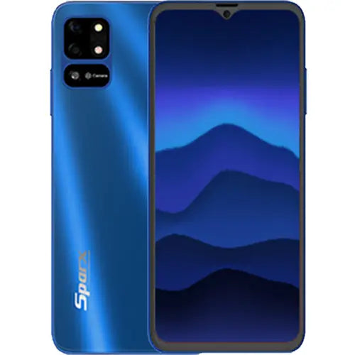 Sparx Neo 6 Mystic Blue color smartphone with a reflective screen on a white background.