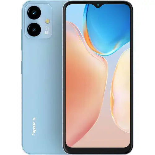 A blue Sparx Neo 7 Plus smartphone showing the front screen and back camera and branding.