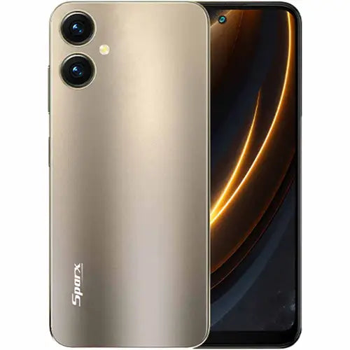 An image of a Sparx Neo 7 Ultra smartphone in golden color with a clear display and dual camera setup on the back.