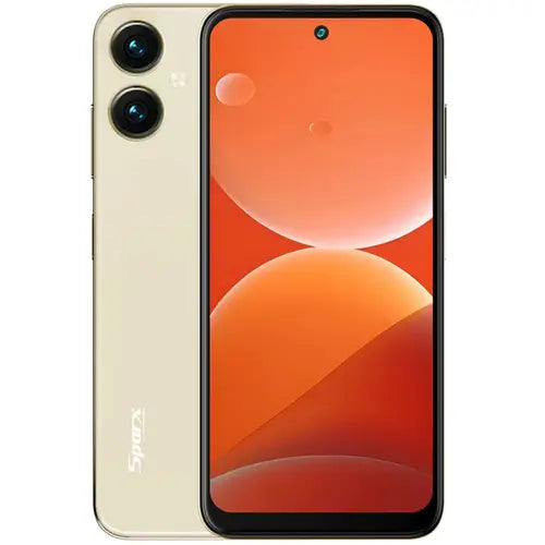 An image of a Sparx Neo 7 Ultra smartphone in goldish color with a clear display and dual camera setup on the back.