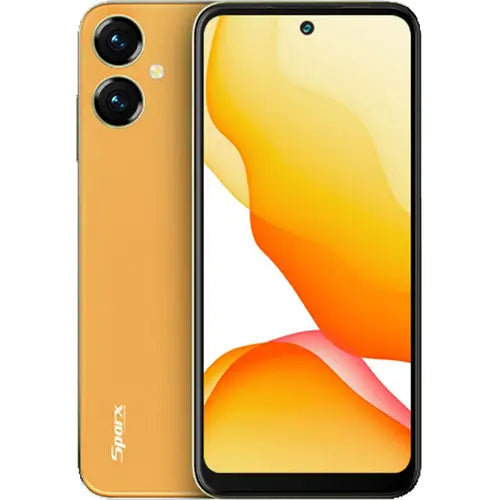 An image of a Sparx Neo 7 Ultra smartphone in yellow color with a clear display and dual camera setup on the back.