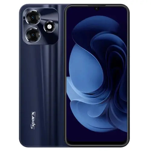 A blue Sparx Neo 8 Pro smartphone showing the front screen and rear camera setup.