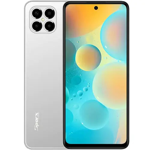 A white Sparx Ultra 11 smartphone with a quad-camera setup on the back and a display showing a colorful graphic.