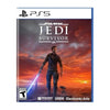 This image features the cover art for the game, "Star Wars Jedi: Survivor PS5." The artwork displays a male character, presumably a Jedi, with a lightsaber, set against a dramatic sky at either sunrise or sunset.