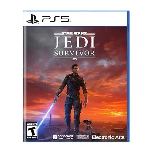 This image features the cover art for the game, "Star Wars Jedi: Survivor PS5." The artwork displays a male character, presumably a Jedi, with a lightsaber, set against a dramatic sky at either sunrise or sunset.