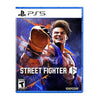 This image features the cover art for the "Street Fighter 6 PS5." The cover prominently displays two characters, with one in a red outfit and the other in a blue wrestling outfit, suggesting a intense and competitive gameplay.