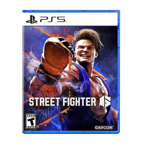 This image features the cover art for the "Street Fighter 6 PS5." The cover prominently displays two characters, with one in a red outfit and the other in a blue wrestling outfit, suggesting a intense and competitive gameplay.